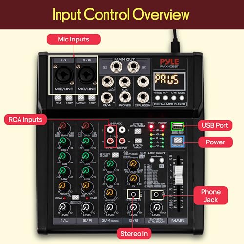 Pyle 6 Channel Studio Mixer - Small Footprint, USB - PC Recording, Bluetooth In, MP3 Player, DSP Effects, +48V Phantom Power, XLR Combo Inputs, Control Room Out, Smooth Dials and Faders - PMX406ST - size: 6