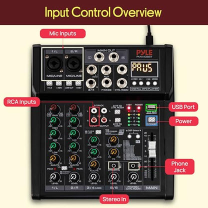 Pyle 6 Channel Studio Mixer - Small Footprint, USB - PC Recording, Bluetooth In, MP3 Player, DSP Effects, +48V Phantom Power, XLR Combo Inputs, Control Room Out, Smooth Dials and Faders - PMX406ST - size: 6
