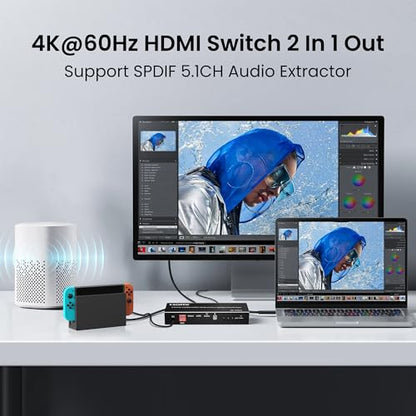 HDMI eARC Audio Extractor, HDMI Splitter 1x2, 4K@60Hz Switch 2 in 1 Out