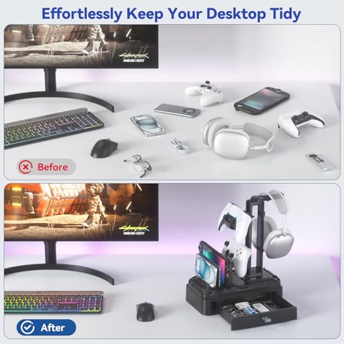 KDD Headphone Stand with Drawer - Rotatable Headset & Detachable Controller Holder for Desk - Multifunctional Organizer with Device Slot for Phones, Tablets - Universal for Gaming Accessories