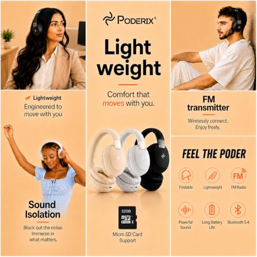PDBEAM Wireless Foldable Bluetooth Over Ear Headphones with Mic, Micro SD Card Playback, 25H Playtime, 120H Standby, FM Radio, Lightweight for Travel, Work, Gym or Yoga - color: Black
