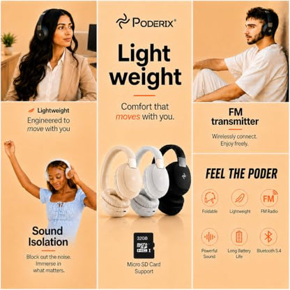 PDBEAM Wireless Foldable Bluetooth Over Ear Headphones with Mic, Micro SD Card Playback, 25H Playtime, 120H Standby, FM Radio, Lightweight for Travel, Work, Gym or Yoga - color: Black
