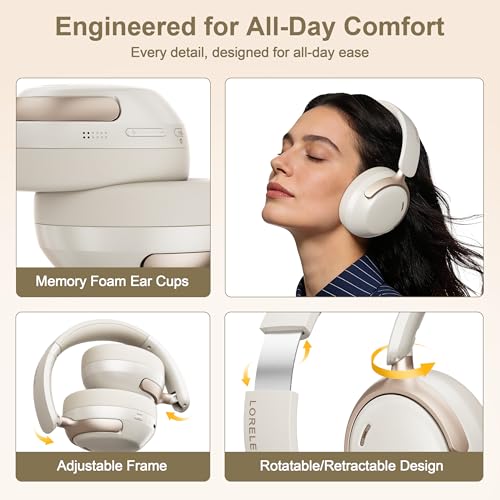 LORELEI QC30 Hybrid Active Noise Cancelling Headphones,Over-Ear Wireless Bluetooth,Beige Protein Leather, Active Noise Control & Transparency Mode,Deep Bass, Built-in Mic - color: Beige White