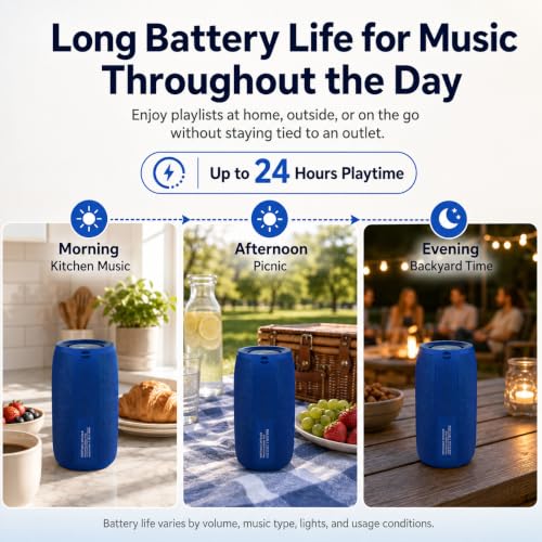 Musibaby M68 Portable Wireless Speaker, 24H Playtime, Blue | Portable, small and compact with USB playback, AUX input, FM radio, TF card playback, up to 24H and dual pairing. - color: Blue