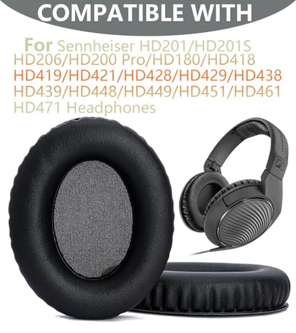 Replacement Ear Pads Compatible with Sennheiser HD180 HD200Pro HD201 HD201S HD206 HD418 HD419 HD421 HD428 HD429 HD439 HD439 HD448 HD449 HD451 HD461 HD471 Headphones Protein Leather Ear Pads - Black