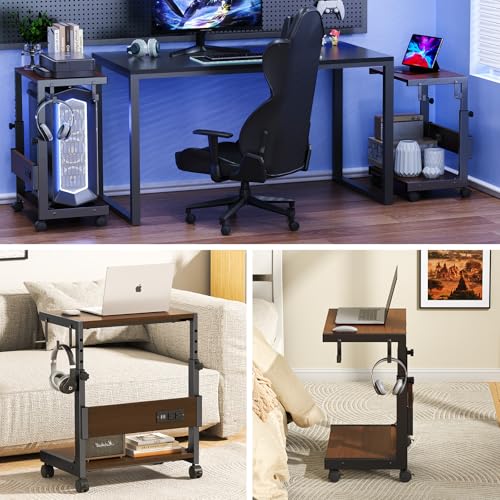 Computer Tower Stand with Charging Station, for Small and Mid-Tower PCs | Height Adjustable PC Stand with Wheel, CPU Holder with 2 AC Outlets + 2 USB Ports, 2-Tier Storage, Durable Metal Frame - color: Brown