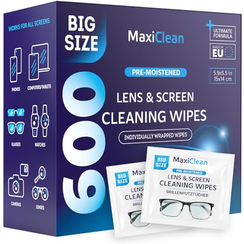 Glasses Wipes Lens Cleaner - Lens Wipes for Eyeglasses - 600 Pre-moistened Individually Wrapped Wipes for Eye Glasses, Electronics, Phone, Computer, Laptop Screen - Camera Lens Cleaner - Made in EU - size: 600 Count (Pack of 1)