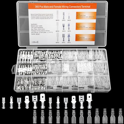 360 Pcs 2.8/4.8/6.3mm Male and Female Wire Spade Connectors, Quick Splice Electrical Wire Crimp Terminal Block Connectors with Insulating Sleeve Kit for Car Audio Speaker Electrical Wiring
