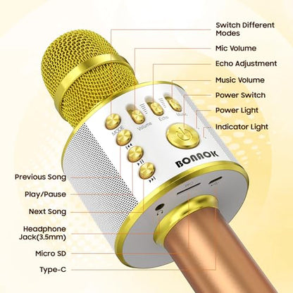 BONAOK Wireless Bluetooth Karaoke Microphone,3-in-1 Portable Handheld Karaoke Mic Speaker Machine Home Party Birthday for All Smartphones (Q37 Gold) - color: Gold