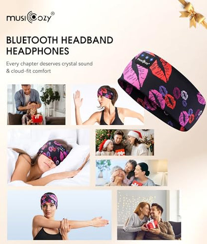 MUSICOZY Bluetooth 5.4 Sleep Headphones Headband Sports Wireless Audio | Earbuds 2 in 1 Design with Breathable Stretch Fabric, HD Stereo Sound Speakers for Workout Yoga Running, Nighttime Sleep Use - color: Rainbow Lip