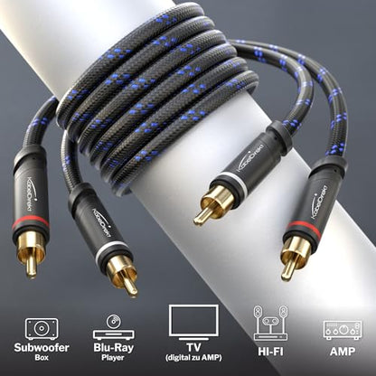 KabelDirekt – RCA Cable – 10ft – 2×2, Braided | Coaxial, subwoofer/amp/HiFi/home cinema/Blu-ray, analog & digital - color: Nylon Braiding, size: 10 feet