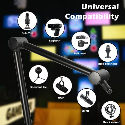 Boom Arm Mic Stand - Adjustable Heavy Duty Suspension Boom Scissor Arm Stand with Cable Management Channels, Desk Clamp for Podcasts, Streaming, Gaming, Home Office, Recording (Black)