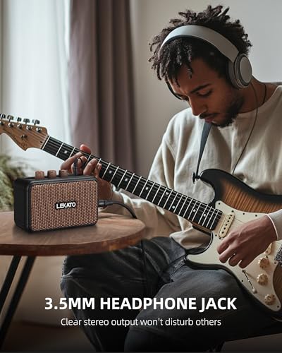 LEKATO Mini Guitar Amplifier, Dual Speakers 5W, Rechargeable Electric Guitar Amp Bluetooth with Clean Overdrive, 6H Working, Headphone Jack, Portable Small Amp for Practice AG-04 (Brown) - color: Brown