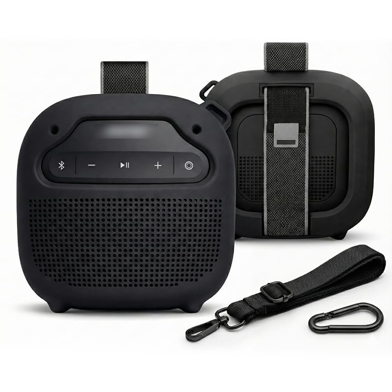 Protective Silicone case for Bose New SoundLink Micro Portable Bluetooth Speaker (2nd Gen) -Anti-Slip Silicone Cover with Stand Feet,Carabiner & Adjustable Neck Strap (Black) - color: Black