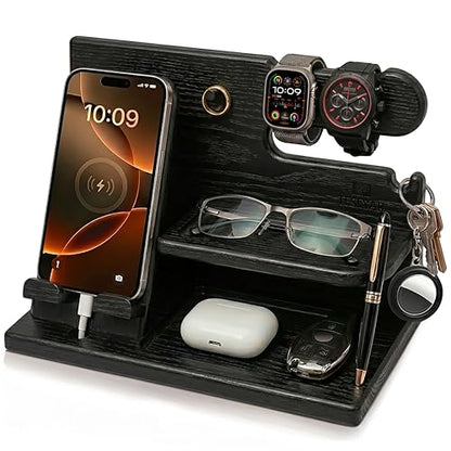 TESLYAR Wood Phone Docking Station for Men - Desk or Nightstand Organizer - Birthday Gifts for Husband, Dad - Anniversary Idea from Wife - Key Holder, Stand Wallet, Watch & Essentials (Granite Black) | Solid Ash Nightstand Organizer with Key Holder, Walle