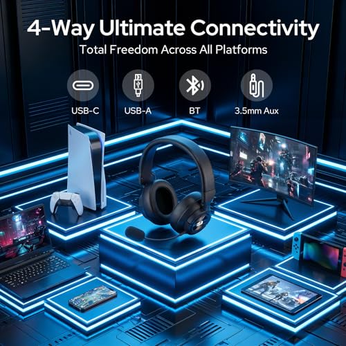 Redragon H889 Wireless Gaming Headset, 4-in-1 (2.4G/BT/USB/3.5mm), 51H Battery & Play-While-Charging, 7.1 Spatial Audio & 53mm Drivers, Detachable Mic, Multi-Platform Headphone for PC/PS5/NS/Mobile - color: Black