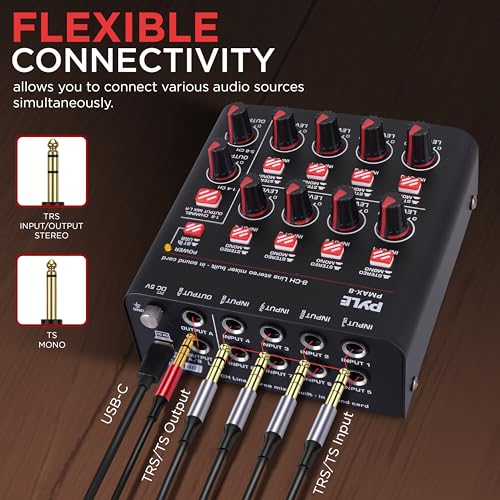 Pyle 8-Channel Bluetooth Mini Line Mixer with USB Audio Interface - 8 Mono/Stereo Switching Inputs | Ultra-low Noise Design with High Headroom | Built-in USB-C Sound Card - PMAX8 - size: 8 Channel