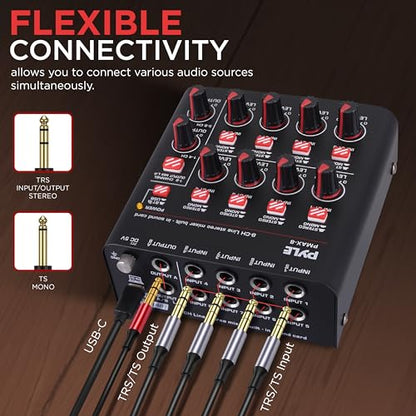 Pyle 8-Channel Bluetooth Mini Line Mixer with USB Audio Interface - 8 Mono/Stereo Switching Inputs | Ultra-low Noise Design with High Headroom | Built-in USB-C Sound Card - PMAX8 - size: 8 Channel