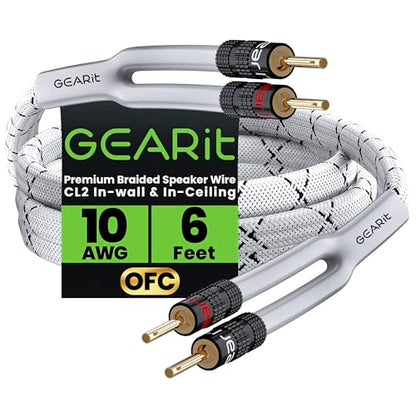GEARit 10 Gauge OFC Speaker Wire with Banana Plugs 6 ft,Heavy-Duty 10 AWG Speaker Cable with Gold-Plated Connectors for Bi-Wire/Bi-Amp Speakers,Bookshelf,Center Channel,Wall Plate & Passive Subwoofer - size: 6 Feet