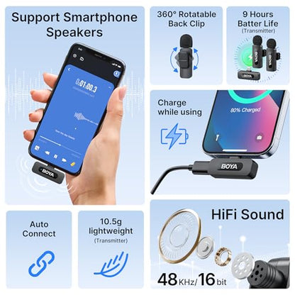 BOYA BY-V2 Wireless Microphones for iPhone iPad with MFi Certified Lightning Port, 328ft Range, 9H Battery Life, Noise Reduction Mini Mic Clip on Lapel Microphone Wireless for Video Recroding