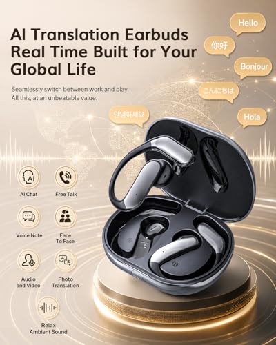 Open Ear Earbuds Bluetooth 6.1, Ear Buds Wireless Bluetooth Earbuds AI Real Time Translation Earbuds 90H Playtime Open Ear Headphones with Noise Cancelling Mic Wireless Earbuds for Travel, Business