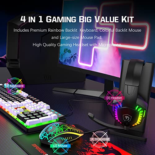 Wired Rainbow LED Backlit Keyboard and Mouse, Over Ear Headphone with Mic, Gaming Mice and Pad, for PC, Xbox and PS4 (Black/White) - color: Black/White