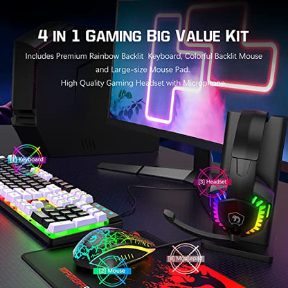 Wired Rainbow LED Backlit Keyboard and Mouse, Over Ear Headphone with Mic, Gaming Mice and Pad, for PC, Xbox and PS4 (Black/White) - color: Black/White