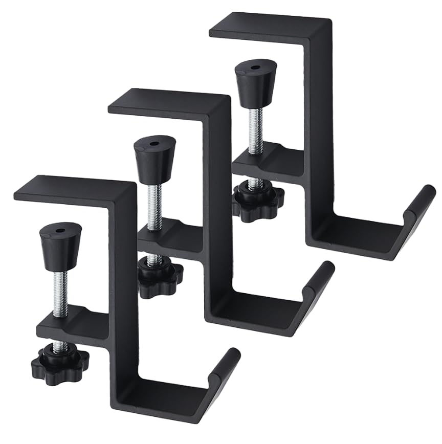 3 Pack Desk Bag Hook, Metal Hook Clamp (Black-A) | Under Desk Mount Bag Hook Clamp, Desk Hook for Headphones, Backpack Hooks Clamp - color: Black-A 3pc