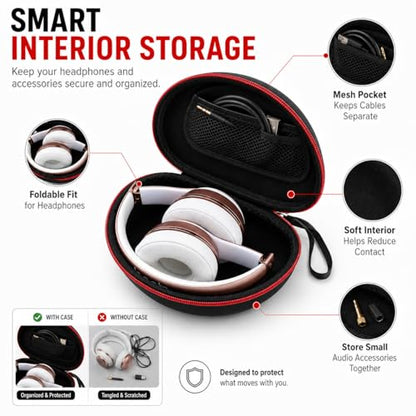 COMECASE Case for Beats Solo 4/Studio Pro Headphones with Mesh Pocket | Water-Resistant Hard Shell, Mesh Pocket for Cables, Travel Storage, Fits Solo 2/3, Solo Pro and Studio3, Black+Red Zipper - color: Black