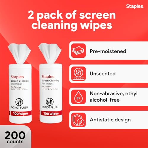 Staples Screen Cleaning Wipes, 100 Per Tub, 2-Pack | Safe for monitors, laptops, and electronics. Removes dust, smudges, and grime. - size: 100 Count (Pack of 2)