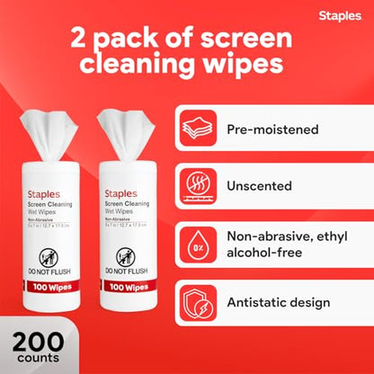 Staples Screen Cleaning Wipes, 100 Per Tub, 2-Pack | Safe for monitors, laptops, and electronics. Removes dust, smudges, and grime. - size: 100 Count (Pack of 2)