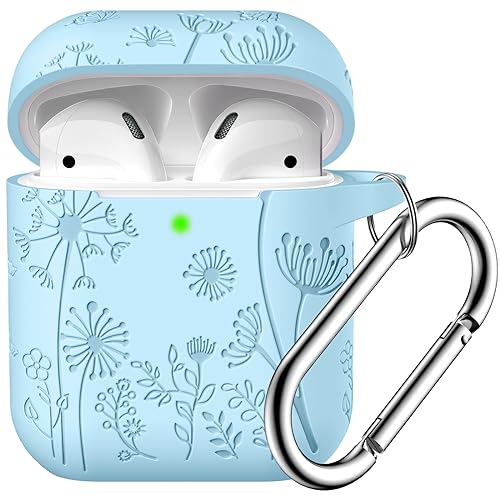 Lerobo for AirPod Case 2nd/1st Generation with Keychain | Flower Engraved Soft Silicone Cover for AirPods 2 Case, Wireless Charging, Shockproof, One-piece Design, Sky Blue - color: Sky Blue