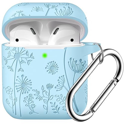 Lerobo for AirPod Case 2nd/1st Generation with Keychain | Flower Engraved Soft Silicone Cover for AirPods 2 Case, Wireless Charging, Shockproof, One-piece Design, Sky Blue - color: Sky Blue