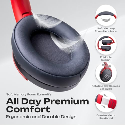PowerLocus Bluetooth Headphones Over Ear, 60H Playtime, 4 EQ Modes Wireless Headphones with Microphone, Hi-Fi Stereo Deep Bass Foldable Headphone, Soft Foam Ear Cups,Fast Charging for Travel/PC/Phones - color: Grey/Red