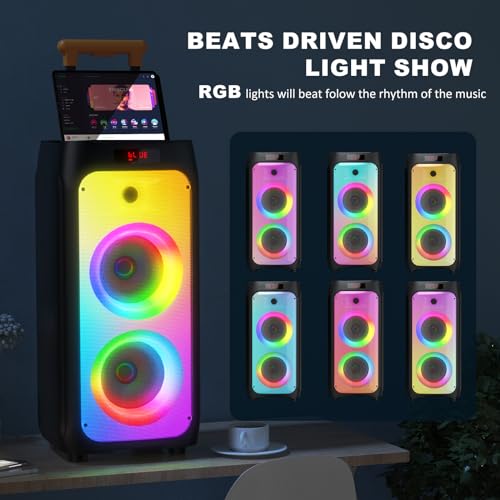 Karaoke Machine with 2 Wireless Microphones, Big Bluetooth Party Speaker with 500W Peak Power for Adults, PA System with Rolling Wheels and Trolley, Perfect for Outdoor, Home Party, Gatherings - color: BLACK