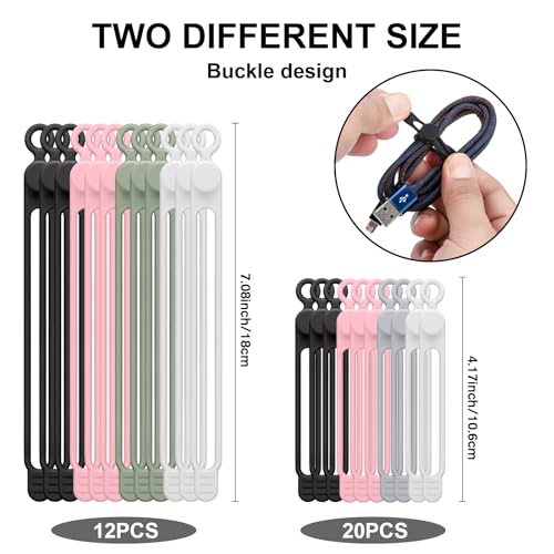 32Pcs Silicone Cable Ties, Data Cable Organizer Silicone Cable Straps Cord Ties Wrap Reusable Wire Organizers Elastic Cables Cord Management Organizers for Electronics, Home, Office, School, Travel