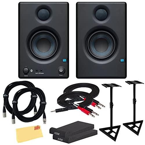 PreSonus Eris E3.5 BT Bluetooth Studio Monitor Pair Bundle with Monitor Stand, Isolation Pads, XLR Cables, TRS Cables, and Austin Bazaar Polishing Cloth - size: Bundle w/ Stand, style: E3.5 BT