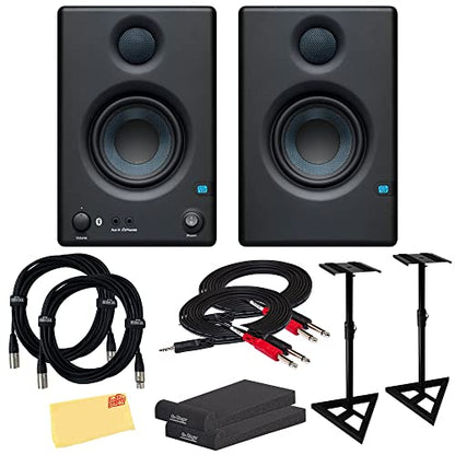PreSonus Eris E3.5 BT Bluetooth Studio Monitor Pair Bundle with Monitor Stand, Isolation Pads, XLR Cables, TRS Cables, and Austin Bazaar Polishing Cloth - size: Bundle w/ Stand, style: E3.5 BT