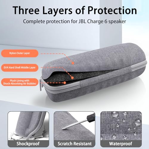 co2CREA Case for JBL Charge 6 Portable Bluetooth Speaker, Gray | High-Density Foam Padding, Reinforced Handle, Detachable Shoulder Strap, Compact Lightweight Design, Dust Protection - color: Gray Case