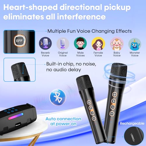 60W Clear Powerful Karaoke Machine: Portable 2 Wireless UHF Microphones | 6-12H Long Runtime Karaoke Speaker for All Home Party & Events 10s 5.3 Bluetooth Fast Pairing & 50ft Stable Connection