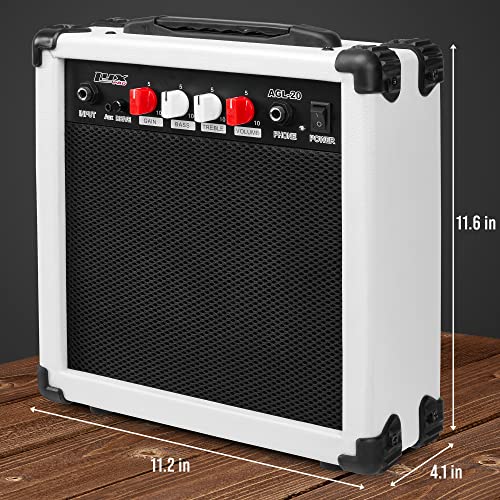 LyxPro Electric Guitar Amp 20 Watt Amplifier Built in Speaker Headphone Jack and Aux Input Includes Gain Bass Treble Volume and Grind - White - color: White, size: 20 Watt