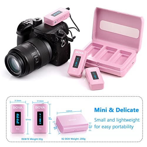 BOYA BY-XM6-K2P Dual Wireless Lavalier Microphone System with 2 Transmitters for DSLR Camera Camcorder Smartphones in Vlog YouTube Video Facebook Live (Pink)
