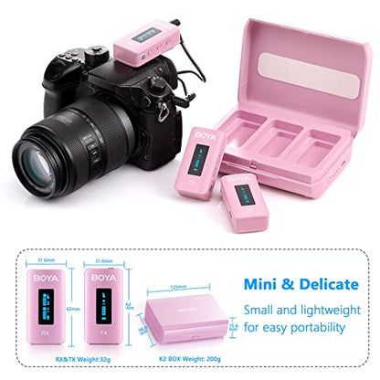 BOYA BY-XM6-K2P Dual Wireless Lavalier Microphone System with 2 Transmitters for DSLR Camera Camcorder Smartphones in Vlog YouTube Video Facebook Live (Pink)