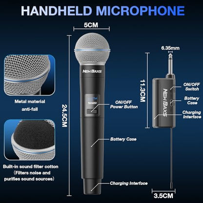 Wireless Microphone, Rechargeable Dual Cordless Handheld Dynamic Wireless Mics,NEWBAXS Karaoke Microphones with 1/4'' Output for Karaoke, Meeting, Singing, Church, Wedding