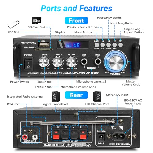 Bluetooth Stereo Receiver Amplifier,RMS 40W x 2 Peak Power 600W | Home Audio Amp with FM Radio,USB/SD,Amplifier for Home Theater Karaoke,Garage &Outdoor Speakers