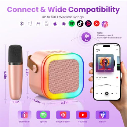 Mini Karaoke Machine, Portable Bluetooth Speaker & 2 Wireless Microphones | Karaoke Player Karaoke Microphone For Family Home Party Outdoor With HI-FI Sound | 5 Magic Sound | PA System | USB | TF | AUX - color: Rose Gold