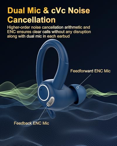 Wireless Earbuds, Bluetooth 5.4 Headphones Sport Over Ear Buds with ENC Mic | Noise Cancelling Mic,48H, Wireless Earphone with Earhooks, Stereo Deep Bass, IP7 Waterproof Ear Bud for Workout Running, Blue - color: Blue