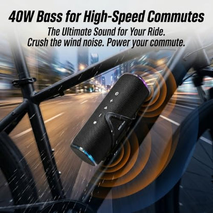 Bass Boosted Bluetooth Bike Speaker, IPX7 Waterproof | 30W RMS (40W Peak) Portable Wireless Outdoor Audio, 25H Playtime, LED Lights, TWS Pairing for Pool, Shower, Gifts (Black) - color: Black
