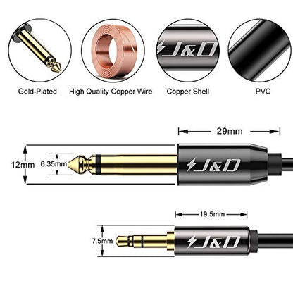 J&D 6.35mm (1/4 inch) TS to 3.5mm (1/8 inch) TRS Cable, Gold-Plated 1/4 inch Male to 3.5mm (1/8 inch) Male Mono Interconnect Heavy Duty Stereo Aux Jack Adapter Cable, 6.5 Feet - size: 6.5 Feet