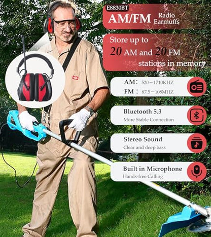 AM FM Radio Hearing Protection Earmuff, Bluetooth 5.4, 30SNR | Rechargeable Hearing Protectors with Gel Earpads, Headphones for Lawn Mowing, Construction, Chainsaw, Landscaping - color: Am/Fm+ Bluetooth-red